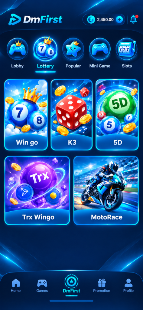 DmFirst Lottery section featuring Win Go, K3, 5D, Trx Wingo, and MotoRace prediction games