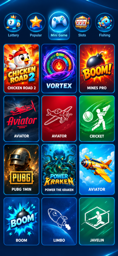 DmFirst Mini Games section featuring Chicken Road 2, Vortex, Mines Pro, Aviator, Cricket, PUBG, Boom, Limbo, and Javelin