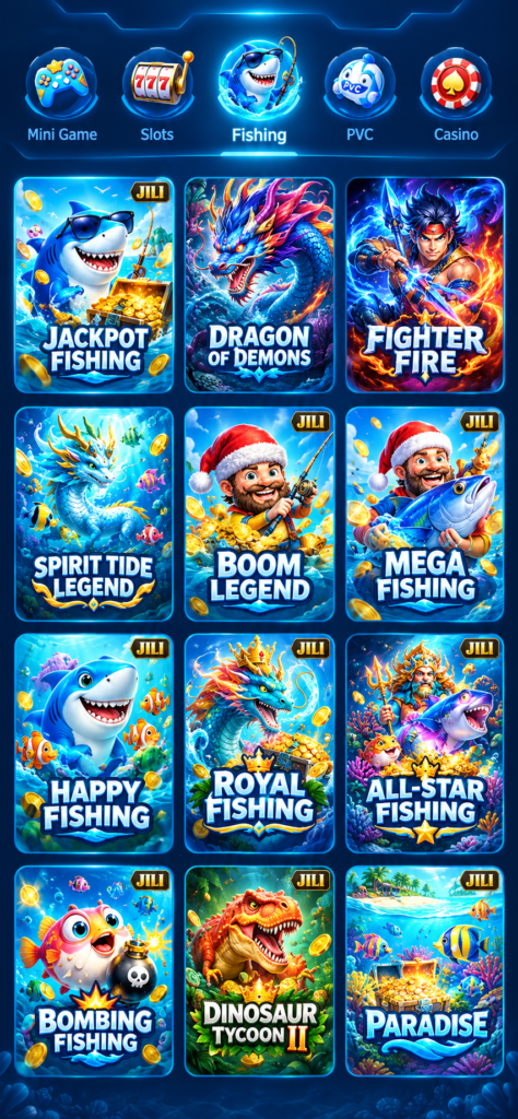 DmFirst Fishing games section featuring Jackpot Fishing, Dragon of Demons, Fighter Fire, Mega Fishing, Royal Fishing, and Bombing Fishing