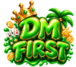 DmFirst Game logo with crown, palm tree, and blue 3D lettering